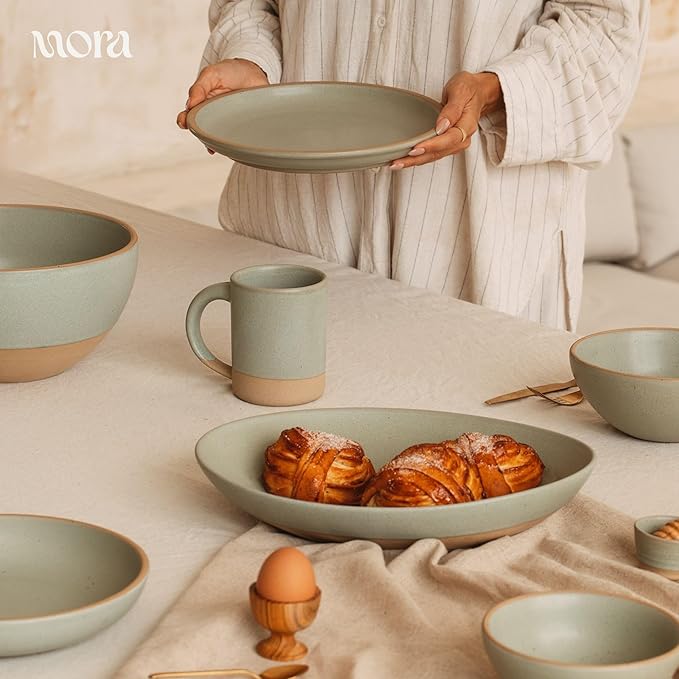 MORA Medium Dishes Set of 4, 30oz Ceramic Pottery Pasta Plate/Wide Bowls - Microwave, Oven and Dishwasher Safe - Thyme