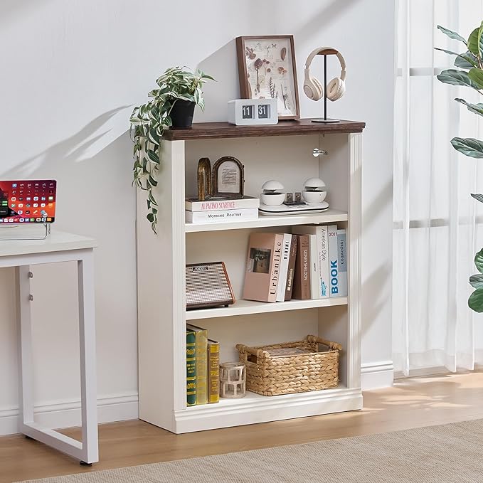 43" White Tall Bookshelf,3-Tier Thick Wooden Book Shelf with Adjustable Shelves,Free Standing Farmhouse Bookcase with Open Display Storage,Floor Vintage Bookshelves for Living Room,Office