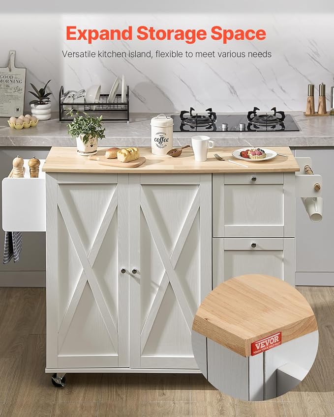 VEVOR Kitchen Island Cart, 45.3x39 inch Rolling Kitchen Table, Mobile Carts with Storage Cabinet and Solid Wood Top, Portable Islands with Wheels, Spice Rack, Towel Rack, Drop Leaf and Drawer, White
