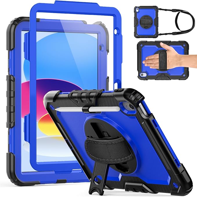 Weuiean Case for iPad A16 11th/10th Generation 11/10.9 Military-Grade Heavy-Duty Shockproof Cover with 360° Rotating Stand Built-in Pencil Holder &amp Adjustable Hand/Shoulder Strap - Black