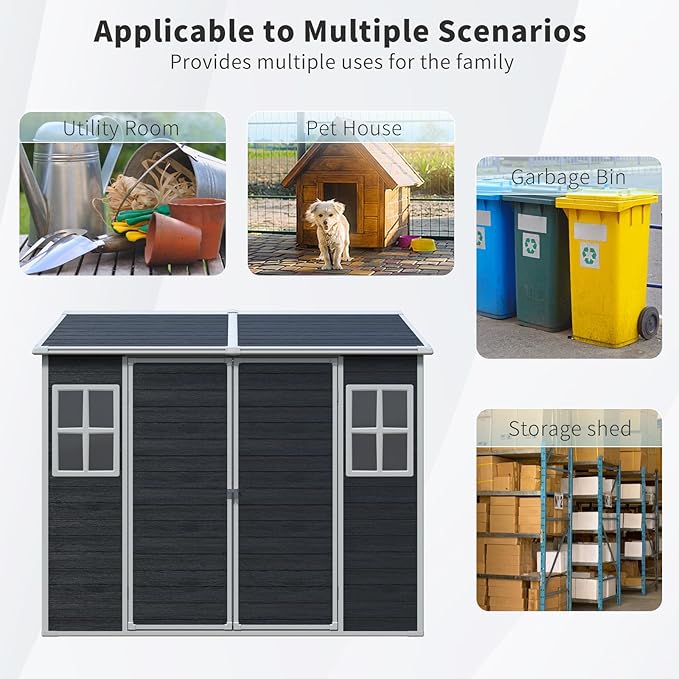 8x6 FT Outdoor Storage Resin Shed with Floor, Waterproof Plastic Garden Tool Shed with Windows, Vents & Lockable Door and Sloped Roof, Easy to Assemble Bike Shed for Patio, Backyard, Lawn, Black