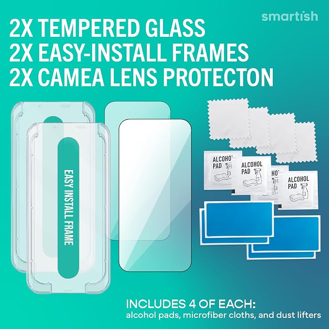 Smartish® iPhone 17 Pro Screen Protector + Camera Lens Covers - Tuff Sheet - 2-Pack Tempered Glass 9H Easy Install Frame Case-Friendly - Dynamic Island for Apple iPhone 17 Pro - Clear 2-Pack