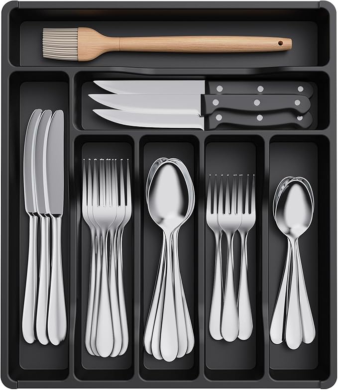 Lifewit Silverware Drawer Organizer Tray, Plastic Cutlery Storage for Kitchen, Flatware and Utensil Holder Divider for Spoons Forks Knives Tableware, 12.3 x 14.2", 7 Slots, Black