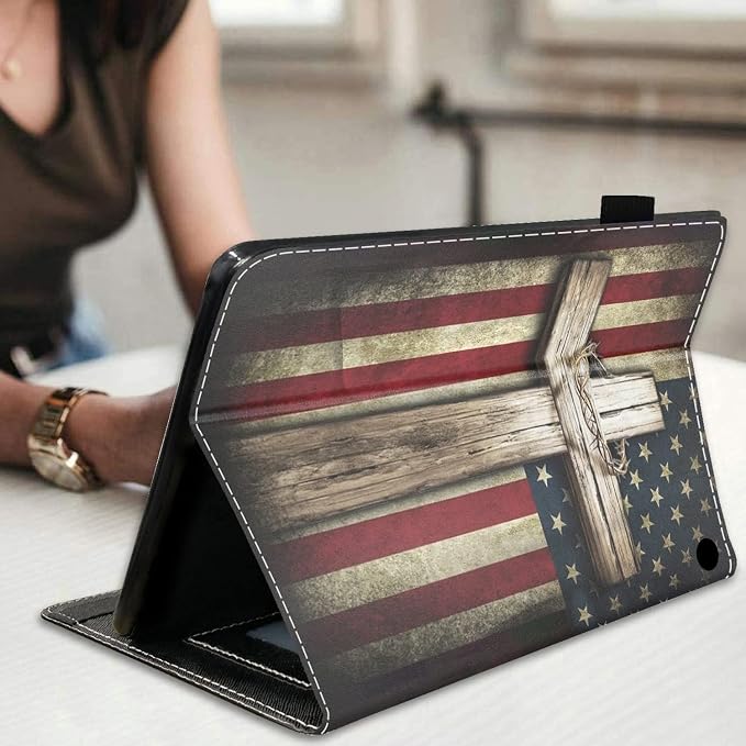 Case for All-New Amazon Kindle Fire 7 Tablet (7 Display 12th Generation 2022 Release) Premium PU Leather Stand Cover with Smart Auto Wake American Flag and Cross