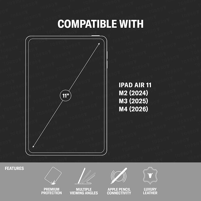 TORRO Case Compatible with iPad Air 11 M4 (2026) M3 (2025) &amp M2 (2024) and iPad Air 5th / 4th Gen - Leather Folio Cover Stand Apple Pencil Charging Auto Wake/Sleep (Black)