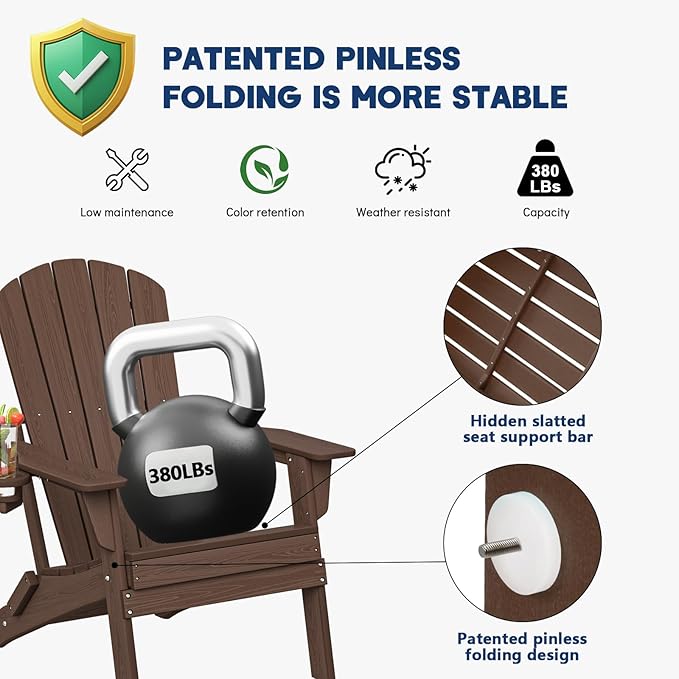 Plawdlik Folding Adirondack Chair Set of 2, Cup Holder，Wooden Textured ，Heavy All-Weather HDPE Comfortable Set Poolside Backyard Lawn Coffee
