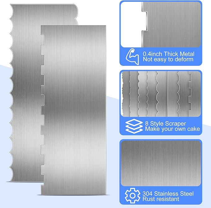 Geiserailie 4 Pcs Metal Cake Comb Scraper, 9 Inch Double Sided 4 Style