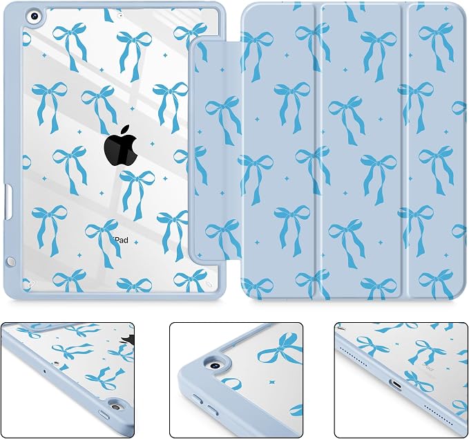Case for iPad 9th/8th/7th Generation 10.2-Inch (2021/2020/2019 Release) with [Built-in Pencil Holder] Shockproof Cover with Clear Transparent Back Shell &amp Auto Wake/Sleep - Blue Bows