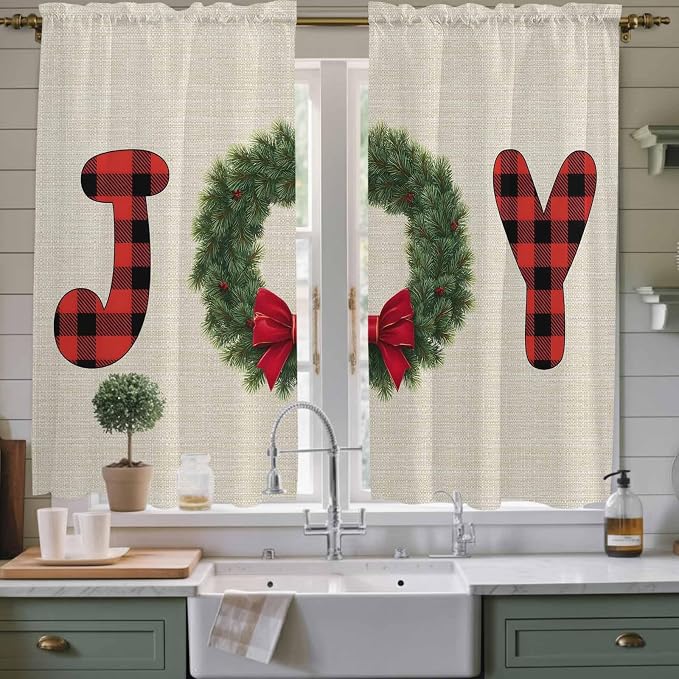 Red Green Christmas Window Curtains 63 Inch Long 2 Panel Set, Rod Pocket
