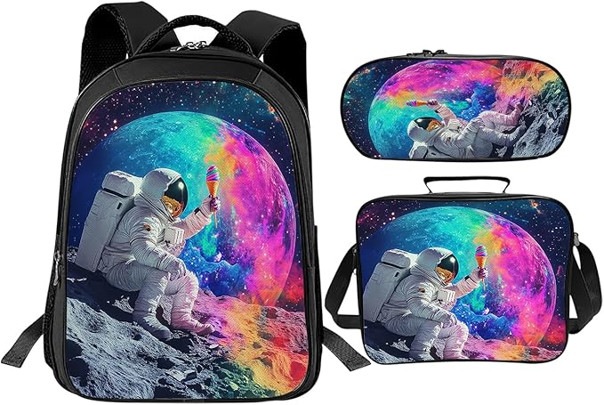 Astronaut Backpack Set 3 Piece School Bags and Lunch Box with Pencil Case Galaxy Space Astronaut Bookbag Set for Toddler Kids Girls Boys Teens Kindergarten Elementary Middle
