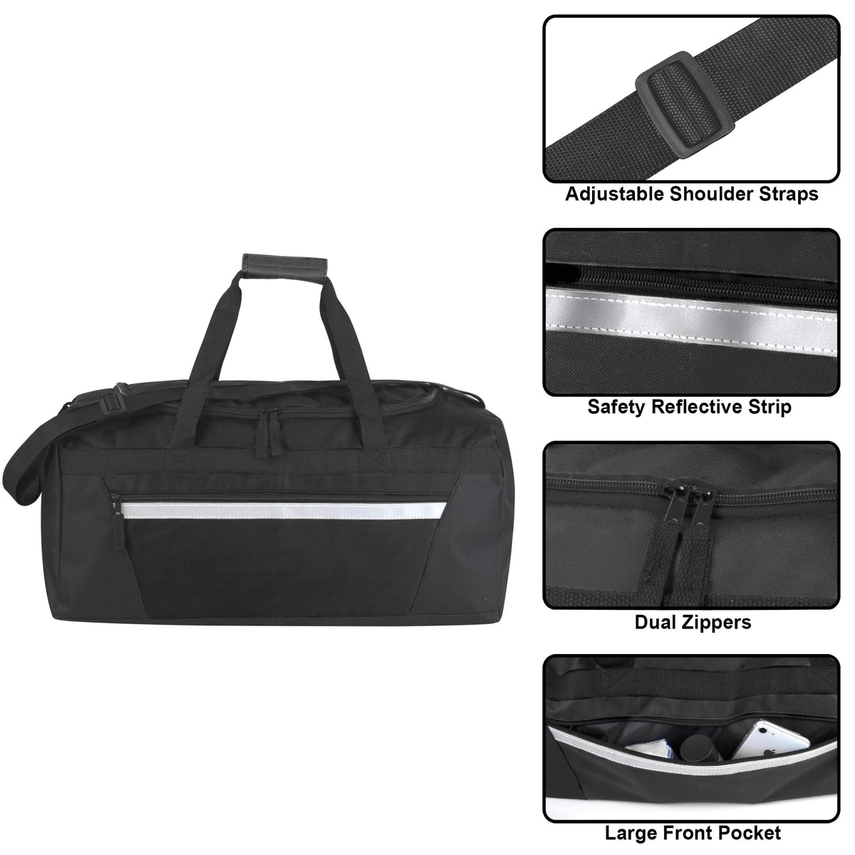 40 Liter, 22 Inch Reflective Duffle Bag with Shoulder Strap for Men, Women, Travel (Black)