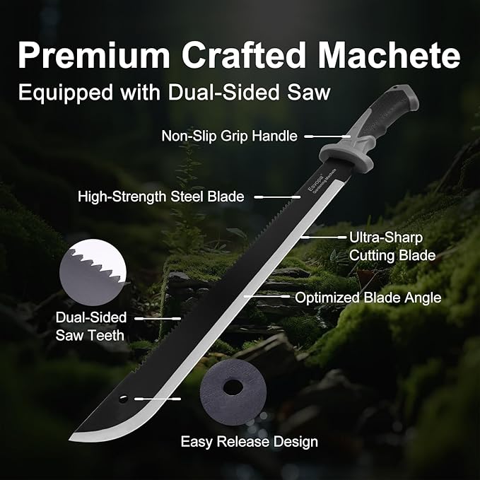 Machete for Bushcraft, 24 inch Survival Knife with Saw for Yard Work, Gardening Heavy Duty Machete with No-Slip Handle and Sheath for Hunting, Outdoor Tree Cutting Esvopa