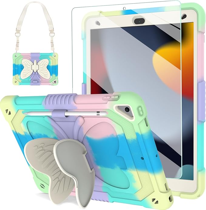 BLOSOMEET Kids Case for iPad 10.2 inch 2021 with Tempered Glass Screen Protector,iPad 9th/8th/7th Generation Case with Stand Pencil Holder & Shoulder Strap,Colorful Green