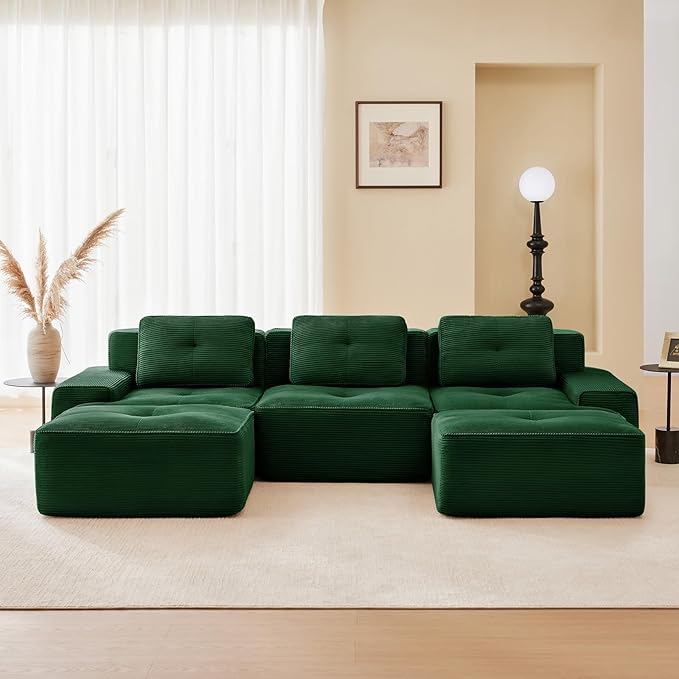 115" Modern Compressed Boneless Couch with Ottoman, 3 Seater Large U Shaped Sectional Couches for Living Room, Green Corduroy Cloud Modular Sectional Sofa, Memory Foam, Extra Deep, No Assembly