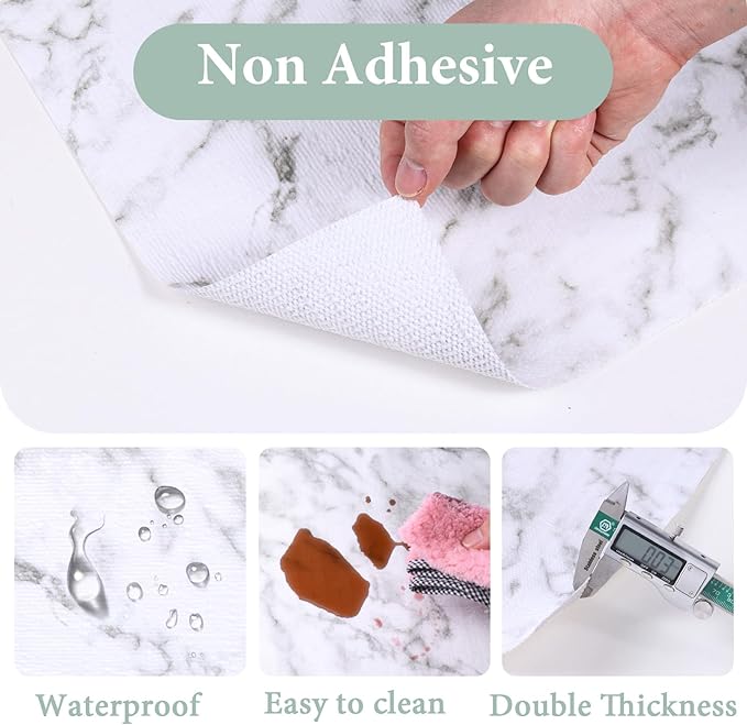 Drawer and Shelf Liner for Kitchen Cabinet: 12 in X 49.21Ft Non Slip Waterproof Shelf Paper Non Adhesive Refrigerator Liners White Marble Easy Liners for Bathroom with Knife Tape Measure