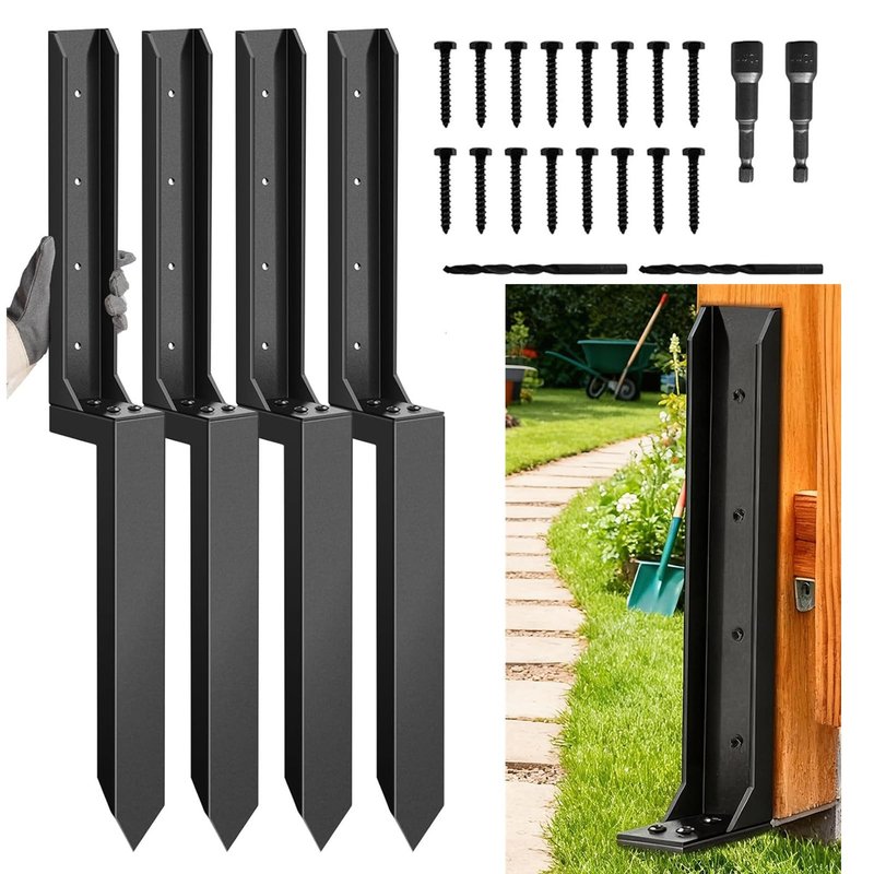 4PCS Fence Post Repair Kit, Heavy Duty Fence Post Anchor Quick Fix for Broken/Leaning Wooden Fence, Easy to Install, Black