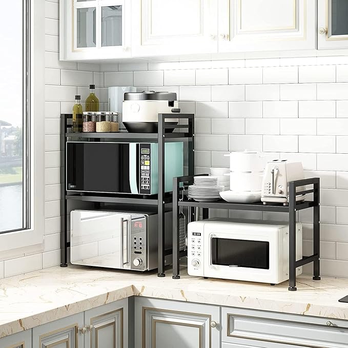 DOLALIKE Expandable Microwave Rack, Countertop Kitchen Utensils Tableware Storage, Carbon Steel 3 Tier Shelf with 3 Hooks