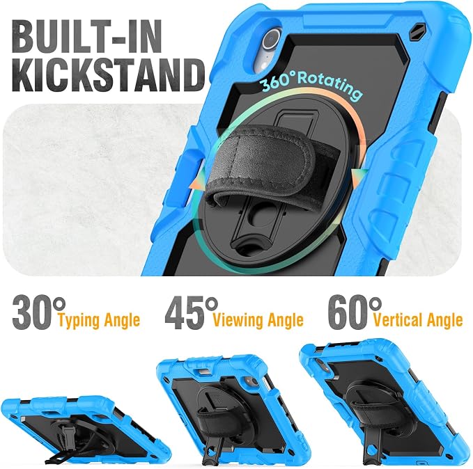 HXCASEAC Case for iPad mini 7 (A17 Pro) / iPad mini 6 Case 8.3 inch Full Body Protective with Carrying Strap Hand Strap Protector Pencil Holder 360 Rotating Stand A2995 A2993 A2567 A2568 Black