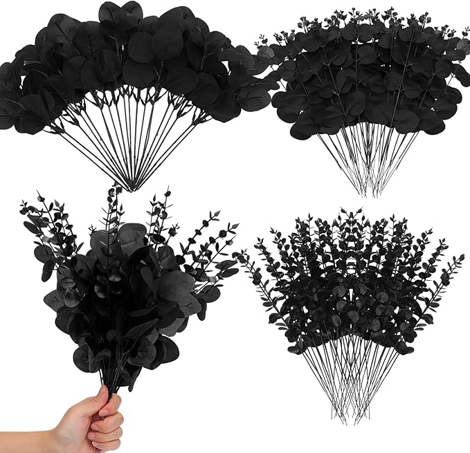 Giegxin 90 Pcs 3 Kinds Mixed Eucalyptus Leaves Stems Bulk Artificial Silver Dollar Leaves Picks Dried Eucalyptus Bundle Faux Spray for Wedding Vase Bouquet Floral Arrangement (Black)