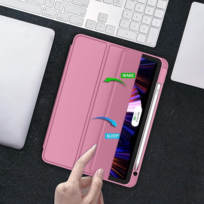 New iPad Pro 11 Inch Case 2022(4th Gen)/2021(3rd Gen)/2020(2nd Gen) with Pencil HolderSmart iPad Case [Support Touch ID and Auto Wake/Sleep] with Auto 2nd Gen Pencil Charging (Deep Pink)