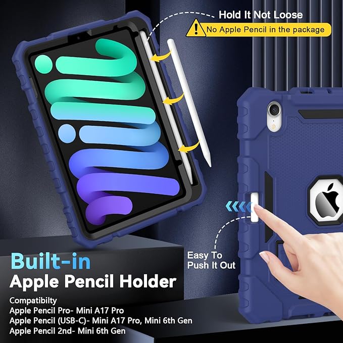 Grifobes Case for iPad Mini 7 (A17 Pro) 2024 / Mini 6 2021 8.3 inch, Heavy Duty Shockproof Rugged Cover with Pencil Holder Stand, for I Pad Mini 7th/6th Gen 8.3" Case for Kids Boys (Navy Blue)