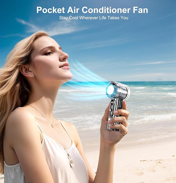 Portable Handheld Turbo Fan with Ice Cooling Plate, Personal Hand Held Mini Travel Fan 14000RPM Adjustable Speed 1-100, Portable Pocket AC Fans Rechargeable Digital Display, Gifts for Women Men Beach