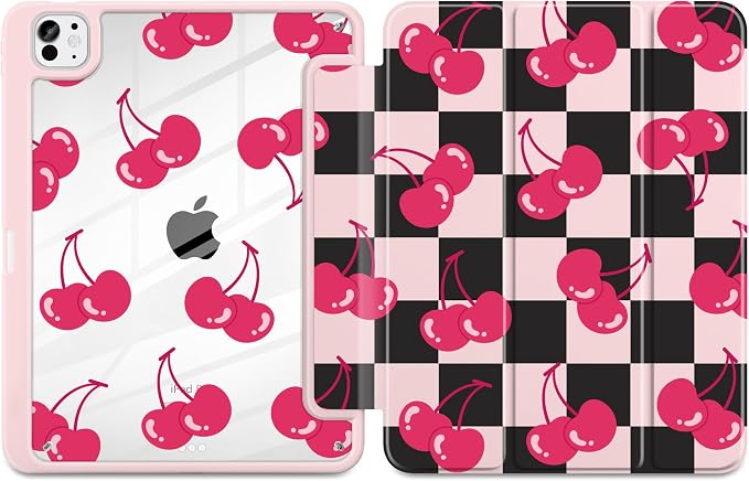 DONGKE for iPad Pro 11-Inch Case (M5 2025 / M4 2024) 6th/5th Generation [Auto Sleep/Wake &amp Pencil Pro Holder] Clear Acrylic Back Smart Trifold Stand Cover Bear &amp Cherry