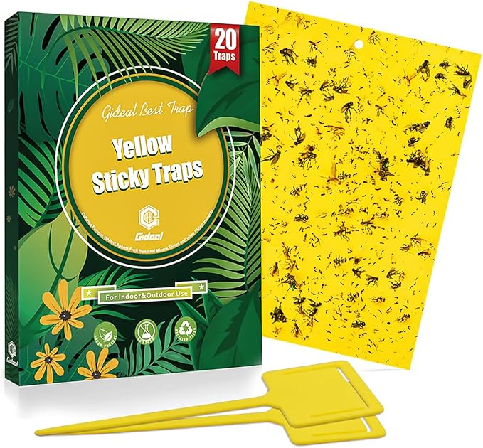 Gideal 20-Pack Dual-Sided Yellow Sticky Traps for Flying Plant Insect Such as Fungus Gnats, Whiteflies, Aphids, Leafminers,Thrips - (6x8 Inches, Included 20pcs Twist Ties)
