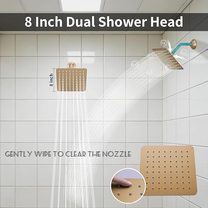KATAIS Brushed Gold Shower System Digital Temperature Display Shower Faucet Set with 12 inch Ceiling Mounted + Dual 8 inch Wall Mounted Shower Head Combo Set, Handheld Spray