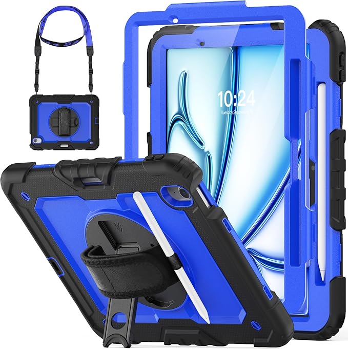 HXCASEAC Case for iPad Air 11 inch (2025 M3 / 2024 M2), Shockproof Design with Pencil Holder/Screen Protector/Rotating Hand Strap, Protective Cover for iPad Air 7th/6th Generation - Blue