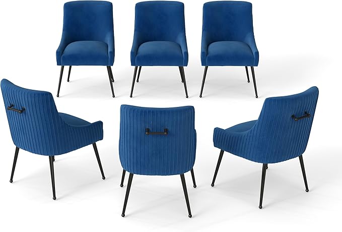 Velvet Dining Chairs Set of 6,Blue Upholstered Living Room Chairs with Black Metal Legs, Modern Tufted Accent Chairs for Living Room, Study Room, Kitchen