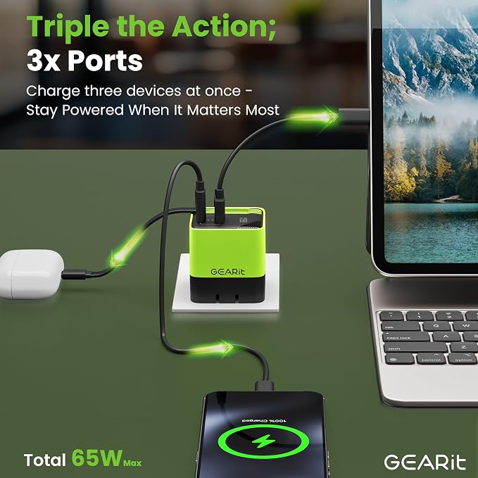 GEARit 65W GaN Charger Retractable USB C Cable + 2 Ports Digital Display | Retractable USB-C wall charger for iPhone Samsung Galaxy Watch earbuds. Foldable plug GaN fast charge wattage display