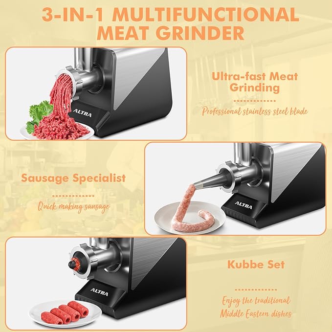 ALTRA LIFE Electric Meat Grinder, 2800W Max Sausage Stuffer with 2 Blades, 3 Plates, Sausage Tube, Vegetable Cheese Grater, 2 Meat Claws, Burger Press & Kubbe Kit for Home use, Built-in Storage
