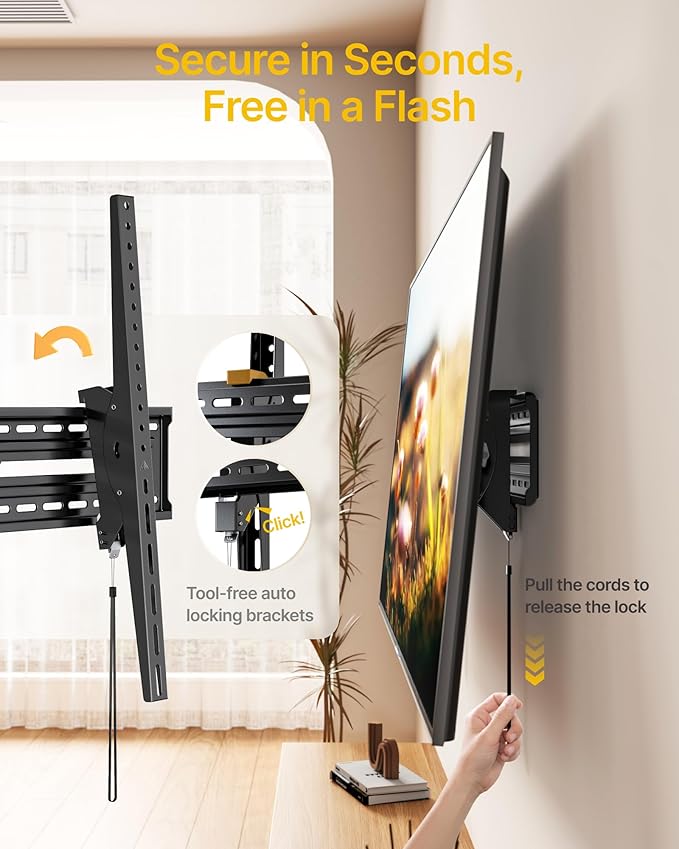 monTEK 15°Full Tilting TV Wall Mount for 50-100 inch Large TVs up to 220 LBS & 900x600mm Vesa, Effortless Tilt & Lock Heavy Duty TV Wall Mount Fits 32″/24″/18″/16″ Wood Studs TM1005W-LT