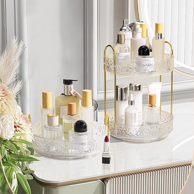 Fangoo 3 Tiers Clear Rotating Makeup Organizer for Vanity, 360 Spinning Skincare Organizers for Dresser Perfume Holder Large Skincare Make Up Storage Cosmetic Organizer for Bathroom Countertop