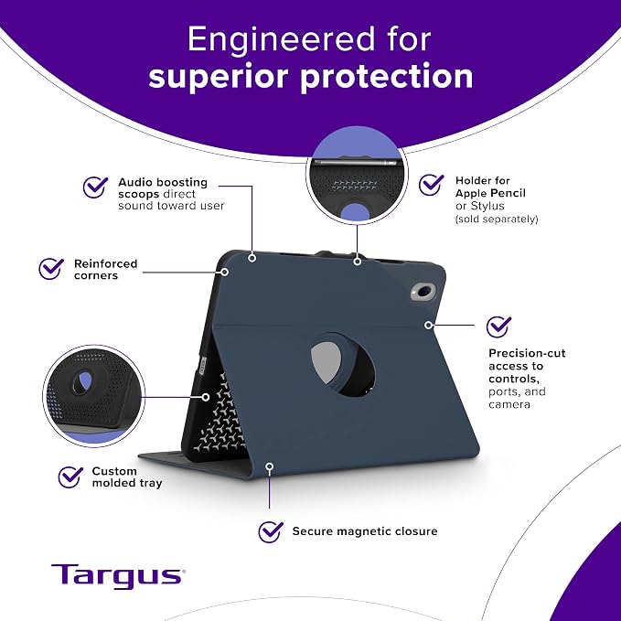 Targus VersaVu iPad 10th Generation Case 2022 iPad 10.9 Inch Case 10 Case 360 Degree Rotating Military Grade Drop Protection Cover for 10.9â€ 10th Gen 2022 Magnetic Close Black (THZ935GL)