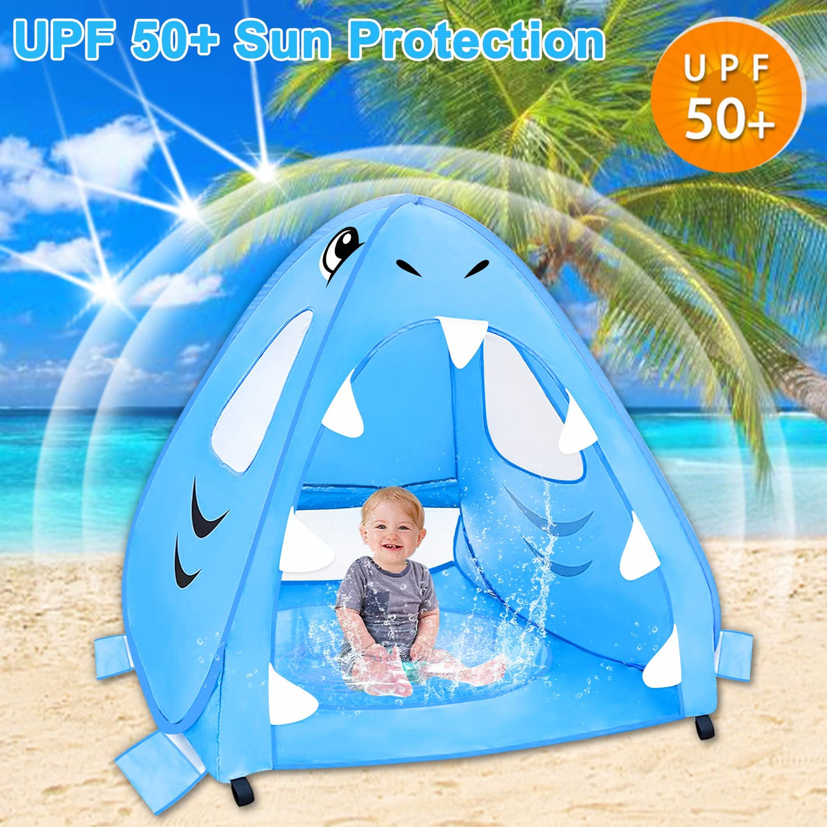 [ Extra High ] Shark Baby Beach Tent with Pool, Pop Up Kiddie Pool Tents Baby Beach Essentials UPF 50+ UV Protection 4 Sand Pockets 3 Mesh Windows Sun Beach Shade Tent for Toddler Aged 3-60 Months