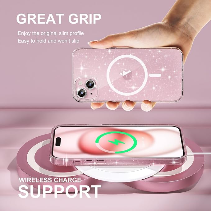 Choiche for iPhone 15 Pro Max Case Compatible with MagSafe Glitter Black | Women Girly Cute Glitter Sparkly Magnetic Phone Case with Diamond Camera Lens Protectors Military-Grade Drop Protection 6.7
