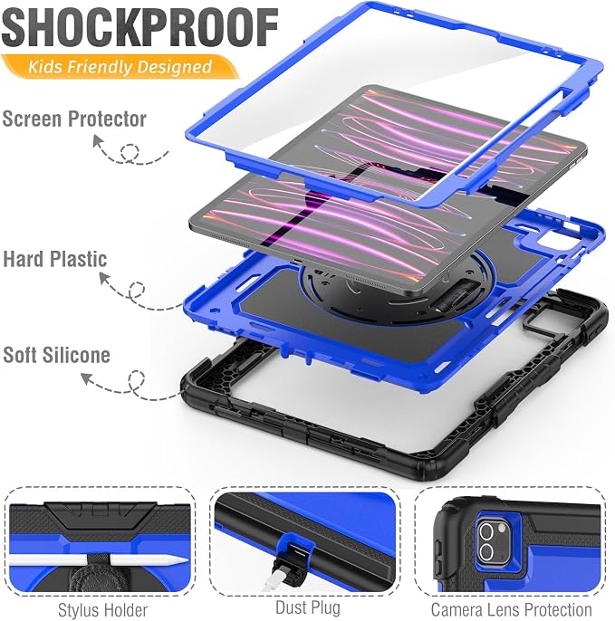 HXCASEAC Case for iPad Pro 12.9 Case (6th 5th 4th 3rd Generation) Shockproof Design | Pencil Holder | Hand Strap | Screen Protector | Heavy Duty Protective iPad 12.9 inch 2022/2021/2020/2018 - Black