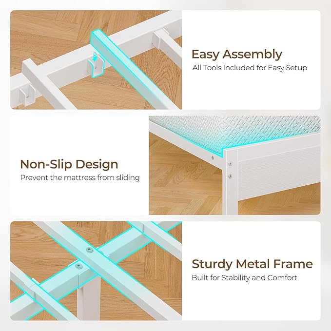 Seventable Twin Bed Frame with 4 Storage Drawers, Charging Station & LED Lights, Upholstered Headboard with 2-Tier Shelves, Metal Platform Bed, No Box Spring Needed, Noise-Free, White