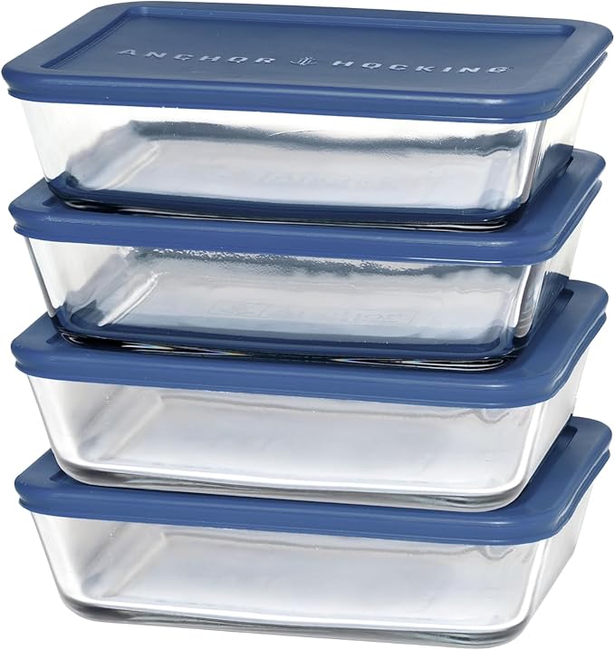 Anchor Hocking SnugFitTM Rectangular Food Storage Containers with Lids (4-Piece, 6-cup, Navy Blue, oven-safe)