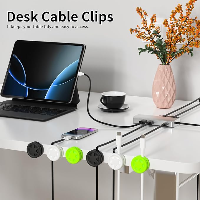 XenovaX 6 Pack Cord Organizer Clips - Desk Cable Management Clips, Cable Holder for Charger Wires, Phone Charger Cord Holder Clips for Desk, Office, Car, Home, Cubicle, Nightstand