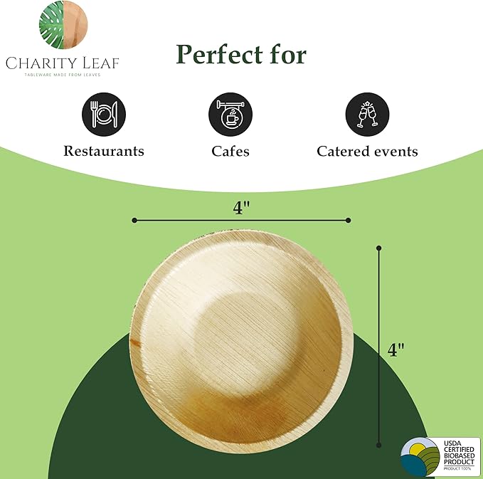 Charity Leaf Disposable Palm Leaf 4" Round Bowl (50 pcs) Dipping Bowls | Bamboo Like| All Natural and Biodegradable | Charcuterie Boards, BBQs, and Parties