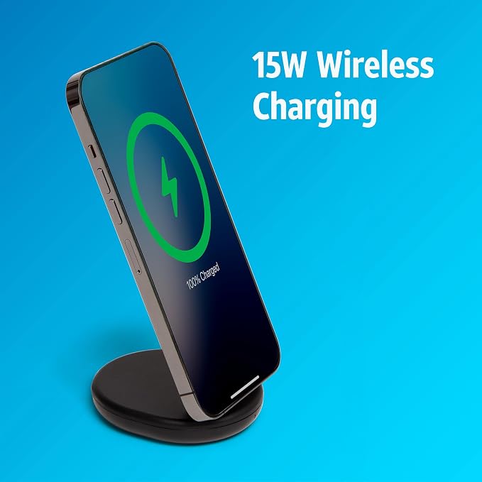 AT&ampT 15W Wireless Charging Stand – USB-C PD Fast Charger with Magnetic Snap-On Alignment Portrait/Landscape Viewing Support Compact Case-Friendly Design Qi-Enabled Charging – Black