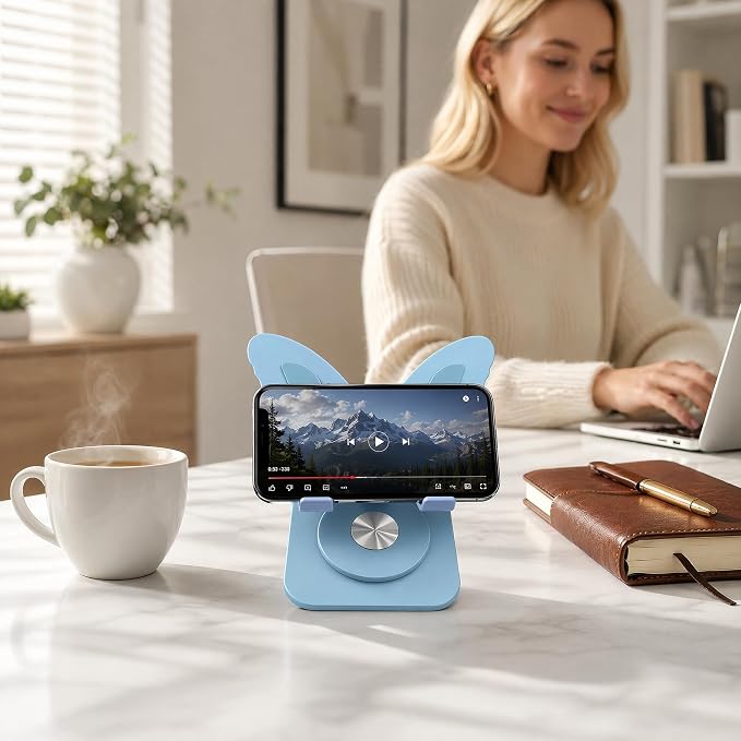 Butterfly Cell Phone Stand for Desk Aluminum Alloy 360° Rotating Phone Holder Height &amp Angle Adjustable Foldable Desktop Dock Universal Anti-Slip for Smartphones Tablets Home Office Travel