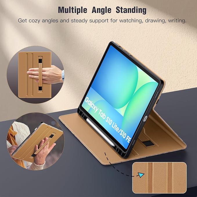 MoKo Case for Samsug Galaxy Tab S10 Lite/ S10 FE/ S9 FE/ S9 10.9/11 Inch | Built-in S Pen Holder Case for Samsung Tablet (2025/2023) PU Leather Hand Strap &amp Front Pocket Blue &amp Brown
