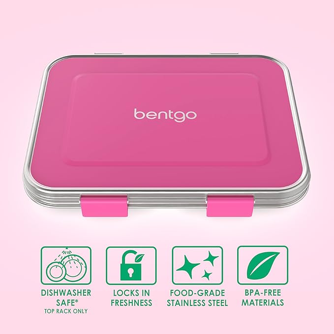 Bentgo Kids Stainless Steel Leak-Resistant Lunch Box - 3-Compartments with Bonus Silicone Container, Durable, Eco-Friendly, Dishwasher Safe, BPA-Free, Ideal for School, Ages 3+ (Fuchsia)