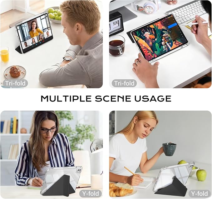 Clear Case for iPad Pro 12.9 inch 6th/5th/4th/3rd Gen with Y-fold &amp Trifold Stand Pencil Holder Support Pencil Charging [Auto Wake/Sleep] Lightweight Shockproof Hard PC Back Cover Black