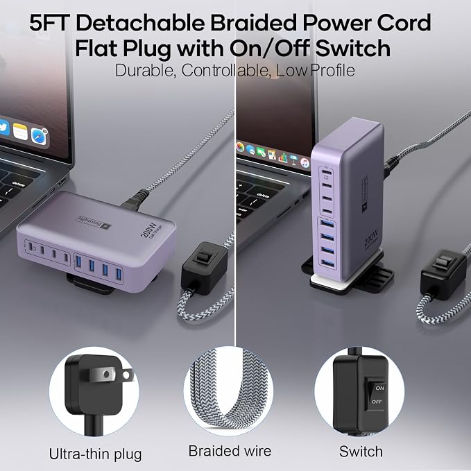 8-Port Multi Charging Stations 200W with Flat Plug Braided Power Cord and On/Off Switch- USB Charging Hub for iPhone iPad MacBook and More- 65W C Port Power Adapter for Laptops