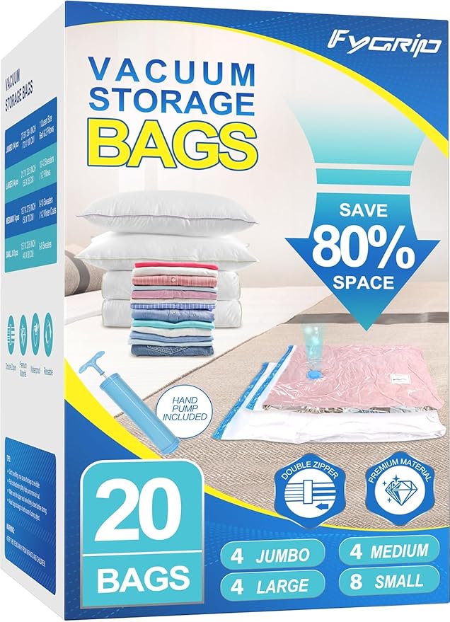 Fygrip Vacuum Storage Bags with Hand Pump, Plastic Packaging Bags, 80% Space Saver Vacuum Seal Bags for Clothing, Travel Lugggage, Blankets, Comforters, 20 Combo